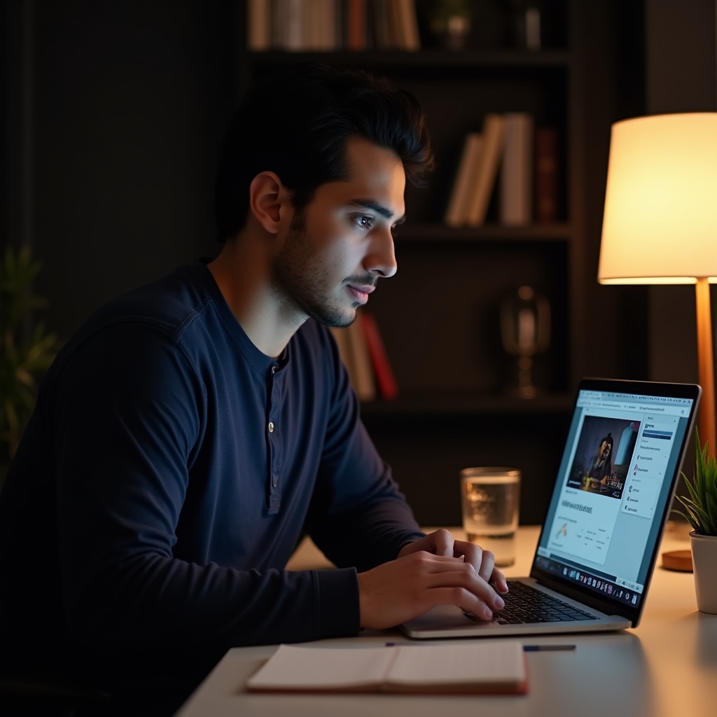 Person arbeitet konzentriert an einem Laptop-Bildschirm