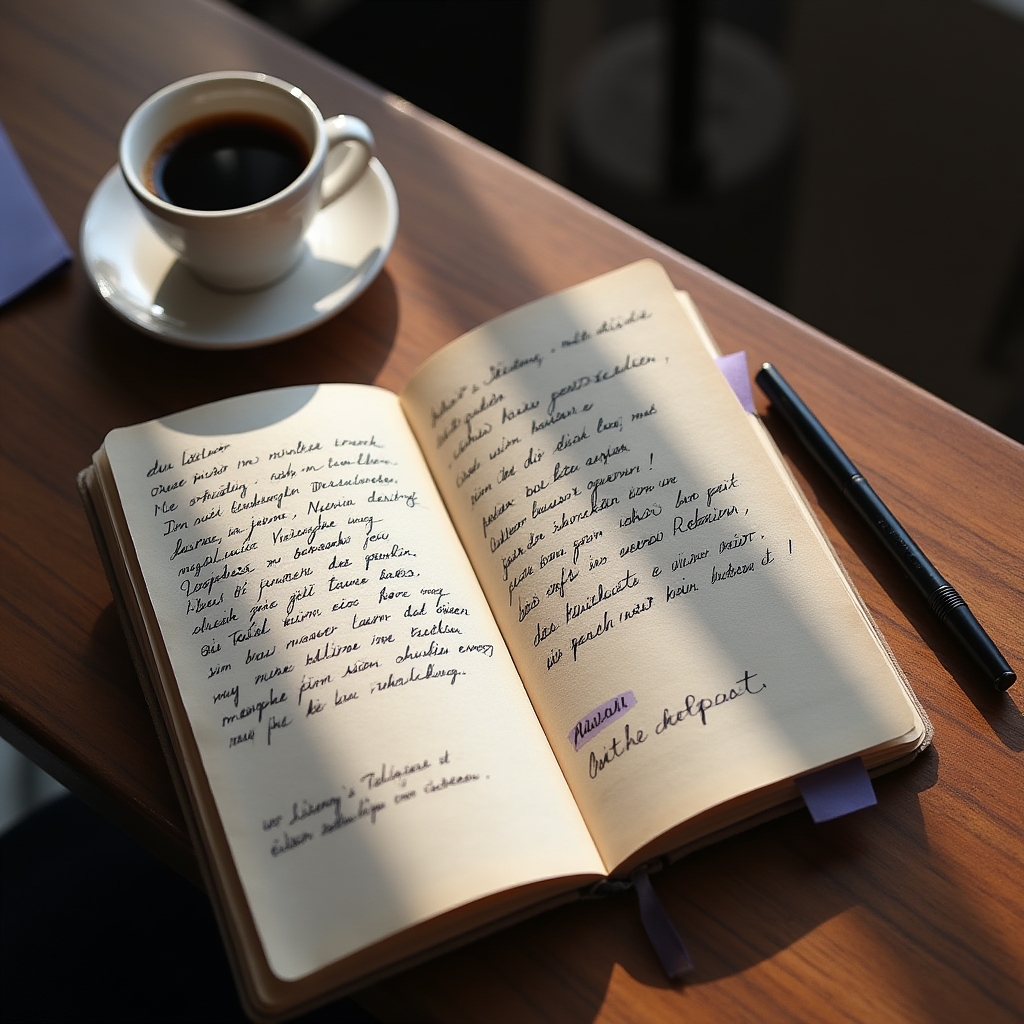 Person schreibt Reflexionsnotizen in einem Notizbuch bei Kerzenlicht